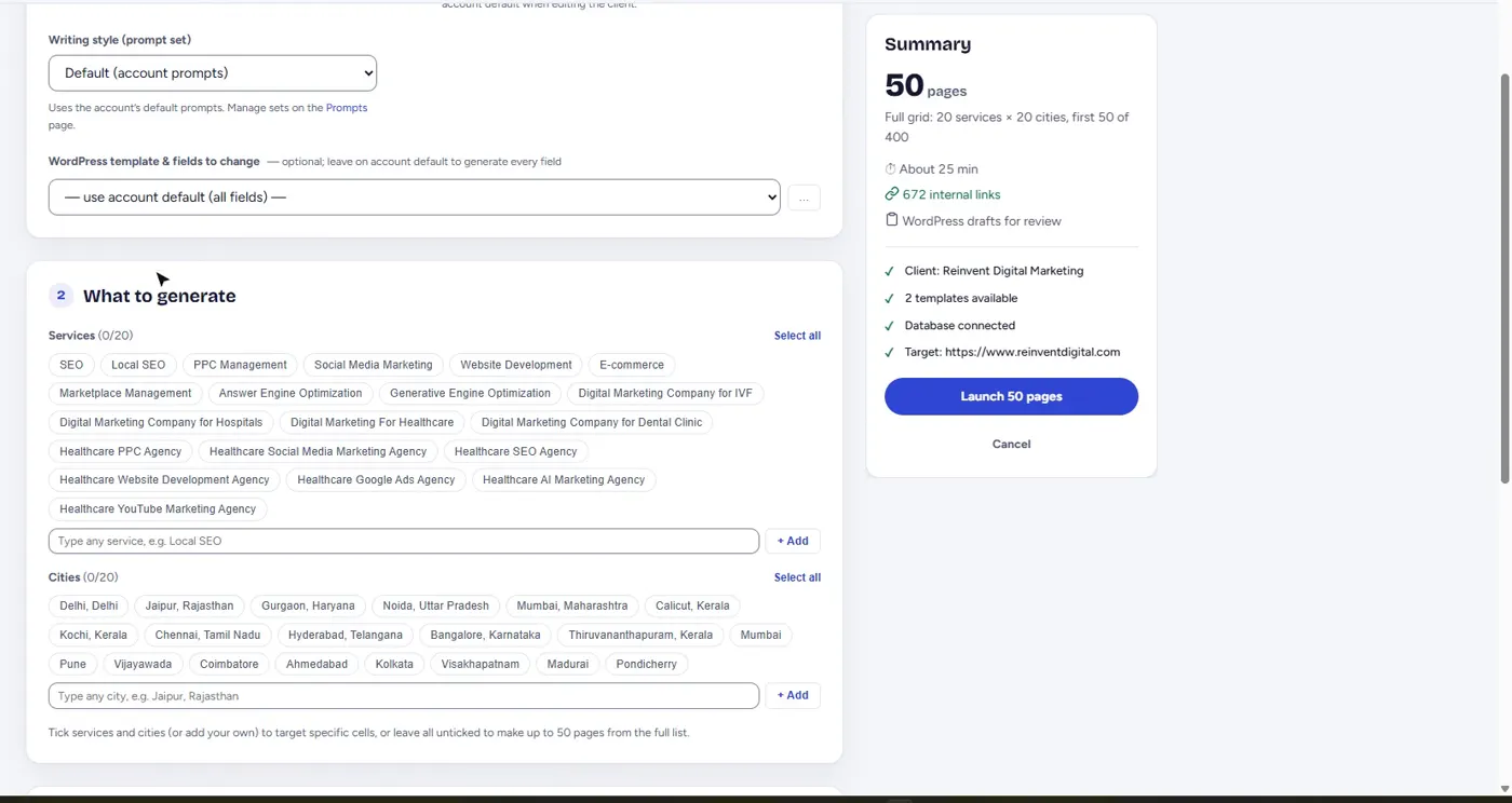 Scaleo's new campaign screen: services and cities to choose from, and a summary of 50 pages, about 25 minutes and 672 internal links before launch