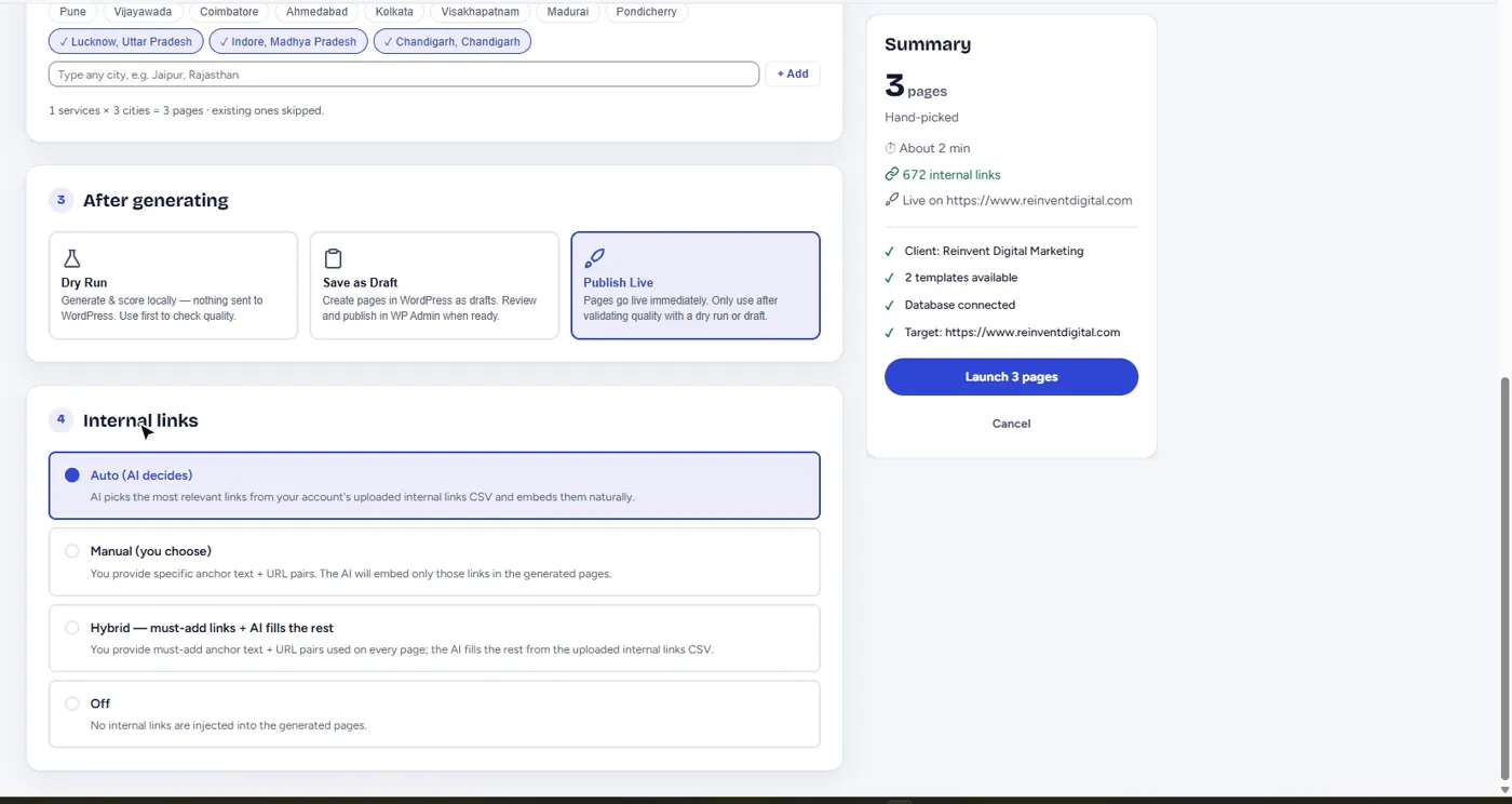 Scaleo's publishing choices, Dry Run, Save as Draft and Publish Live, above the internal link modes Auto, Manual, Hybrid and Off