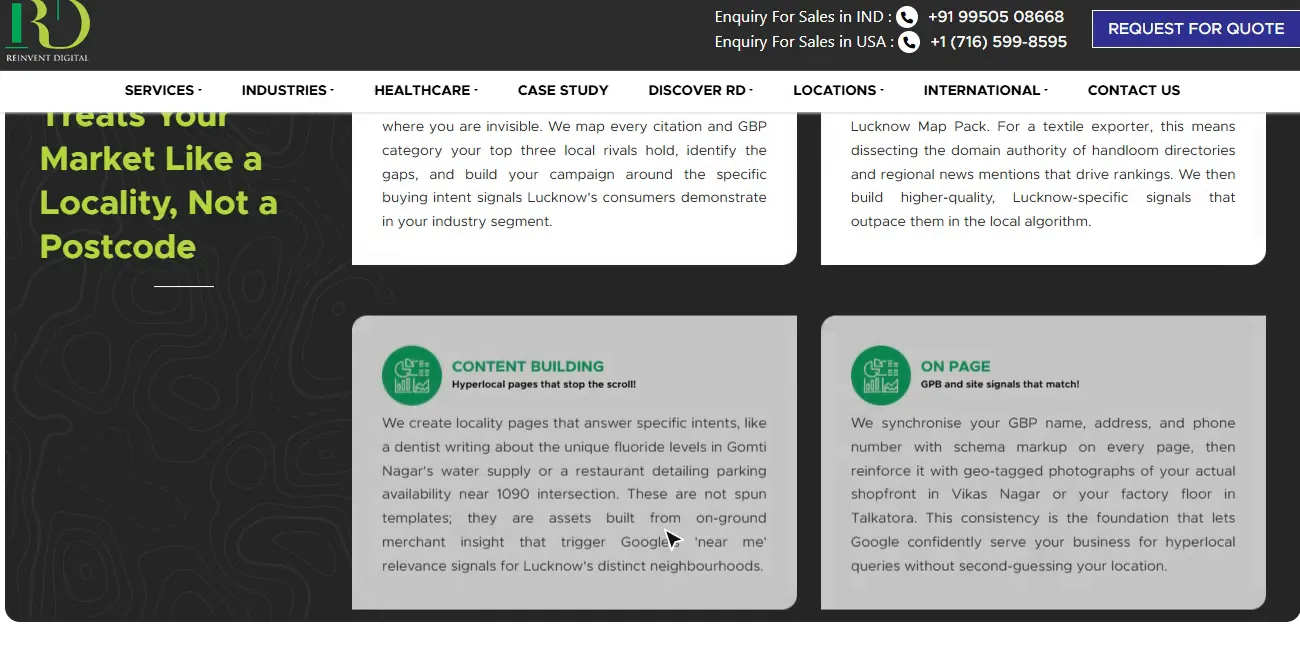 A location page for Lucknow that Scaleo published, live on Reinvent Digital's website in the site's own design